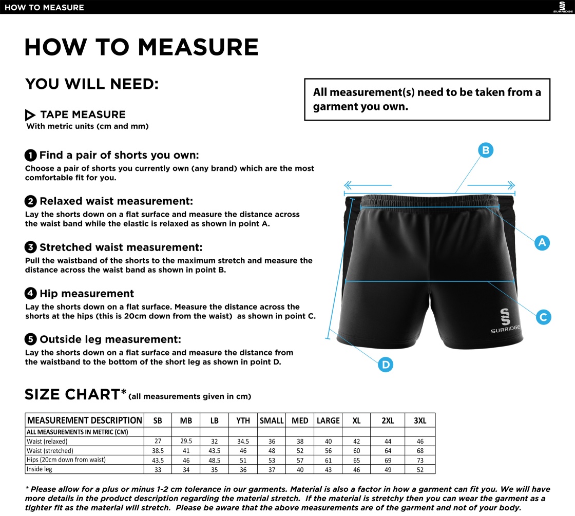 Widnes CC - Performance Gym Short - Size Guide