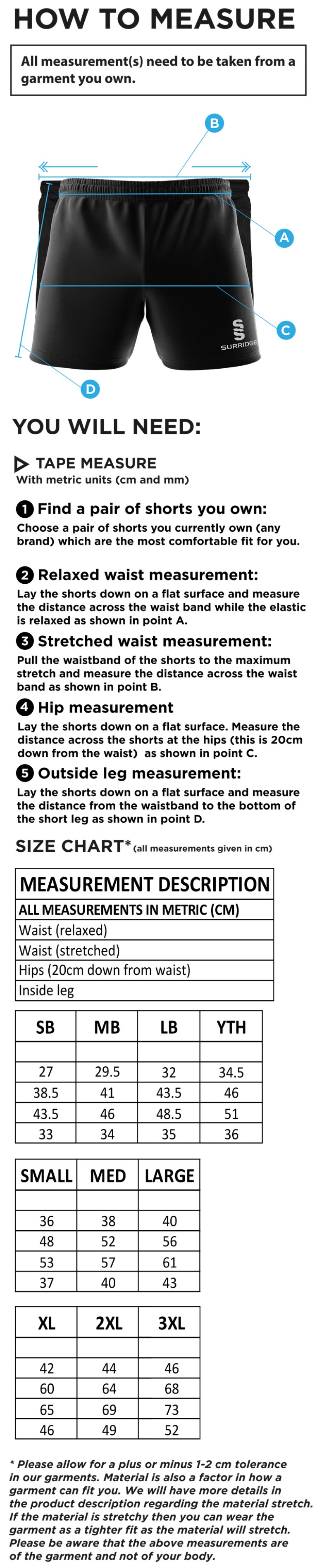 Widnes CC - Performance Gym Short - Size Guide