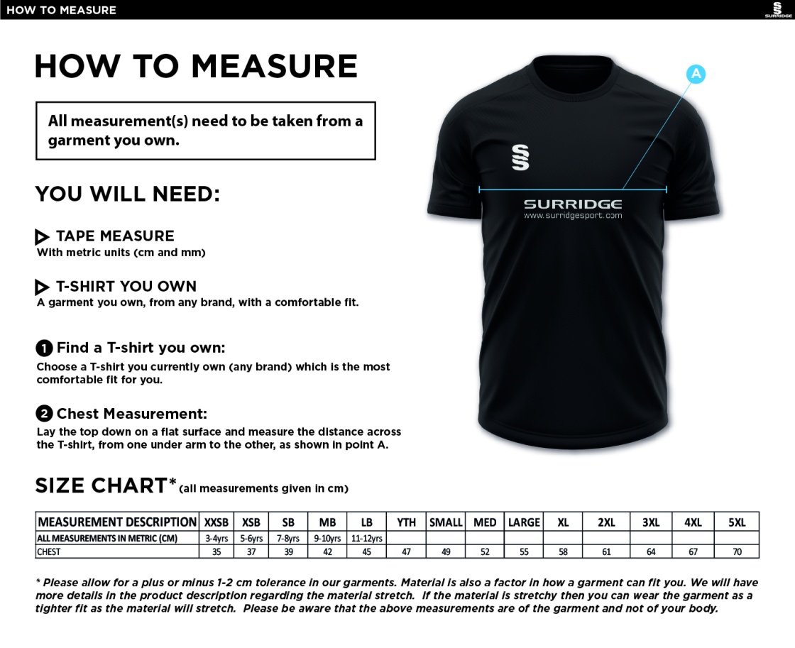 Widnes CC - Dual Gym T-shirt - Size Guide