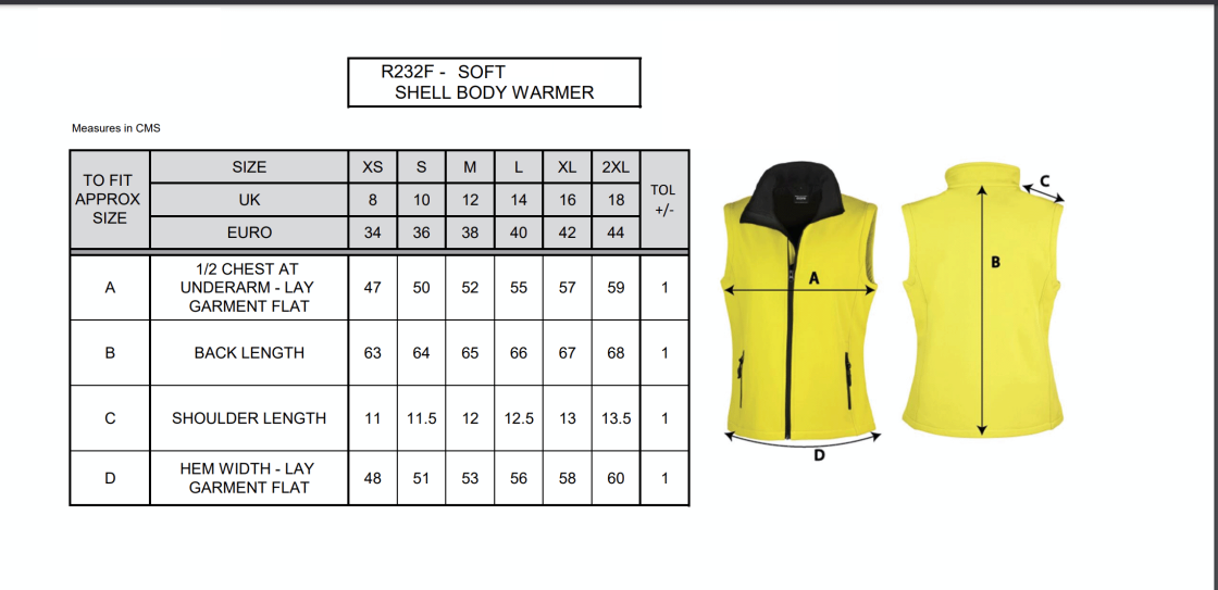 Widnes CC - Softshell Gilet - Women's - Size Guide