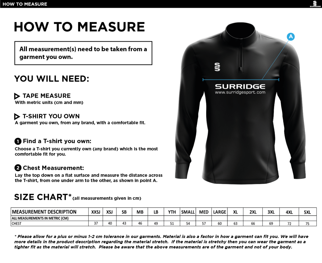 Widness CC - 1/4 Zip Dual Performance Top - Size Guide