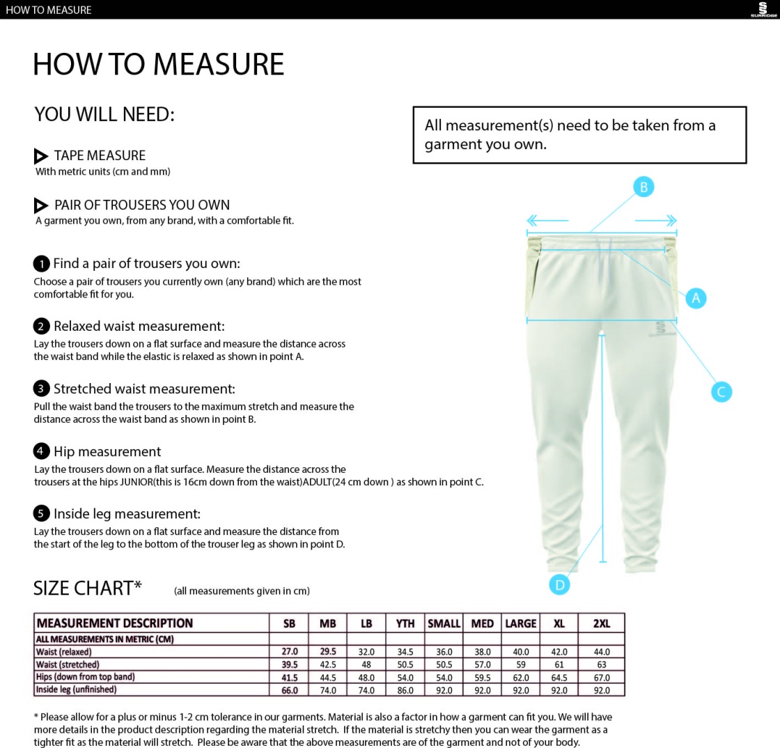 Widnes CC - Ergo Playing Pant - Size Guide