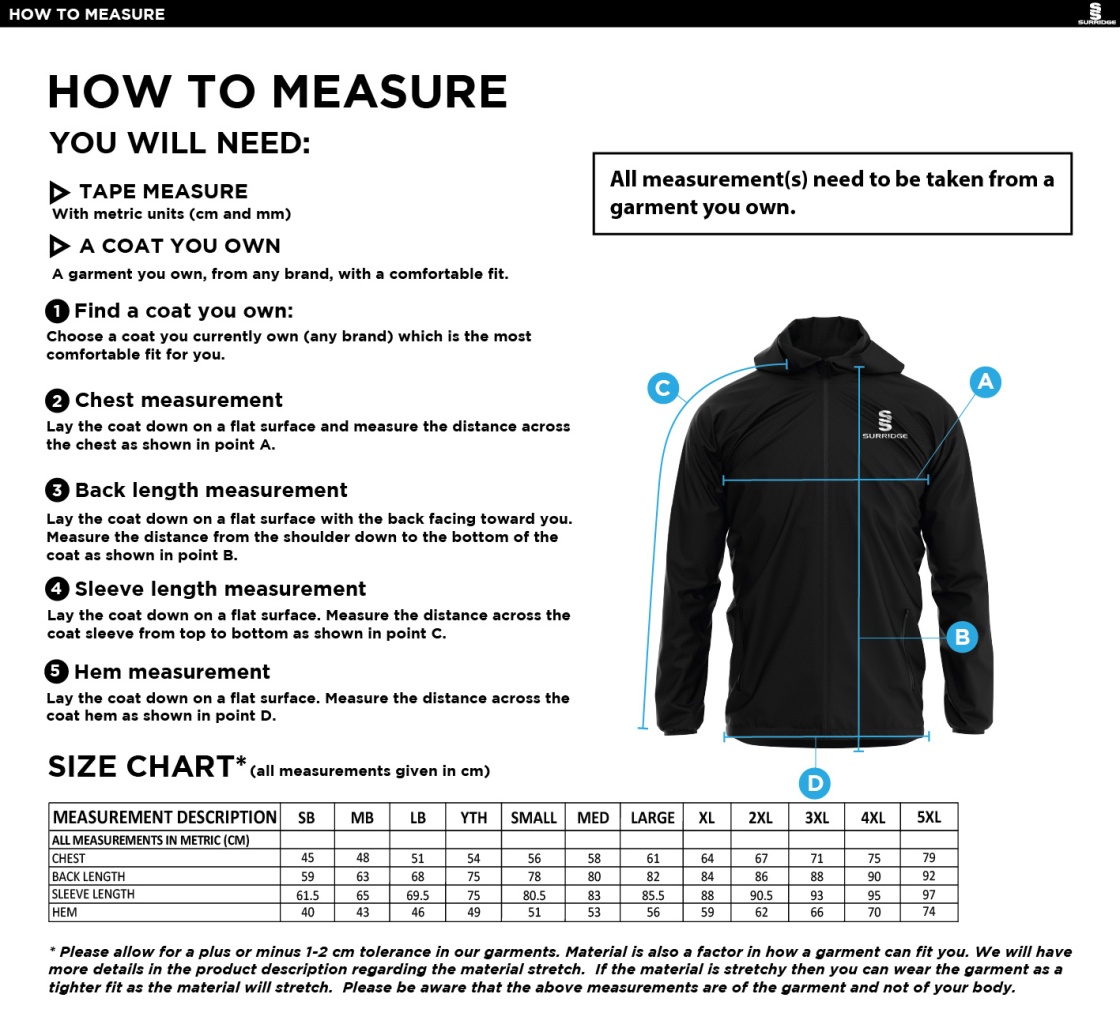 Widnes CC - Dual Full Zip Training Jacket - Size Guide