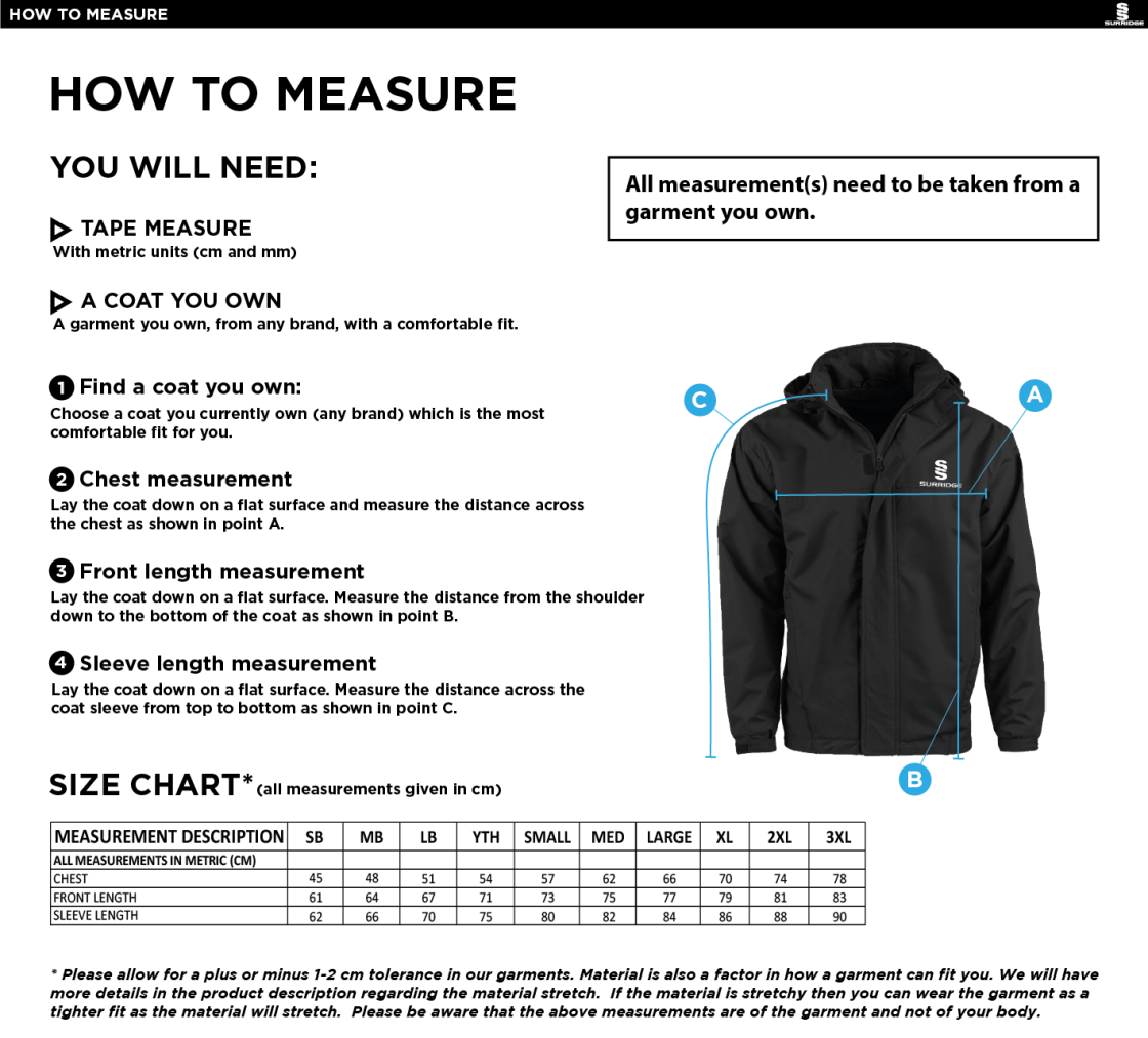 Widnes CC - Dual Fleece Lined Jacket - Size Guide