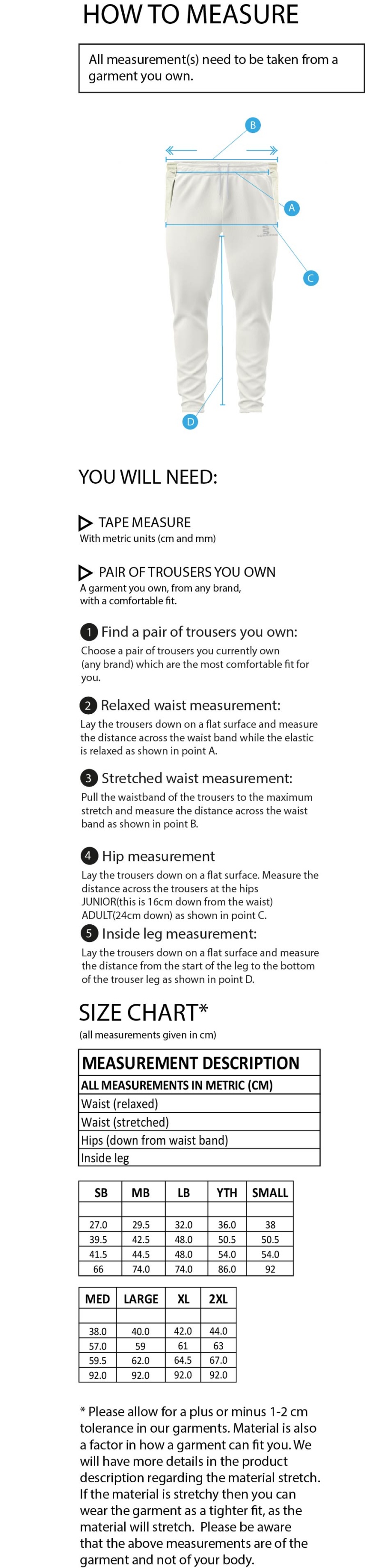 Widnes CC - Ergo Playing Pant - Size Guide