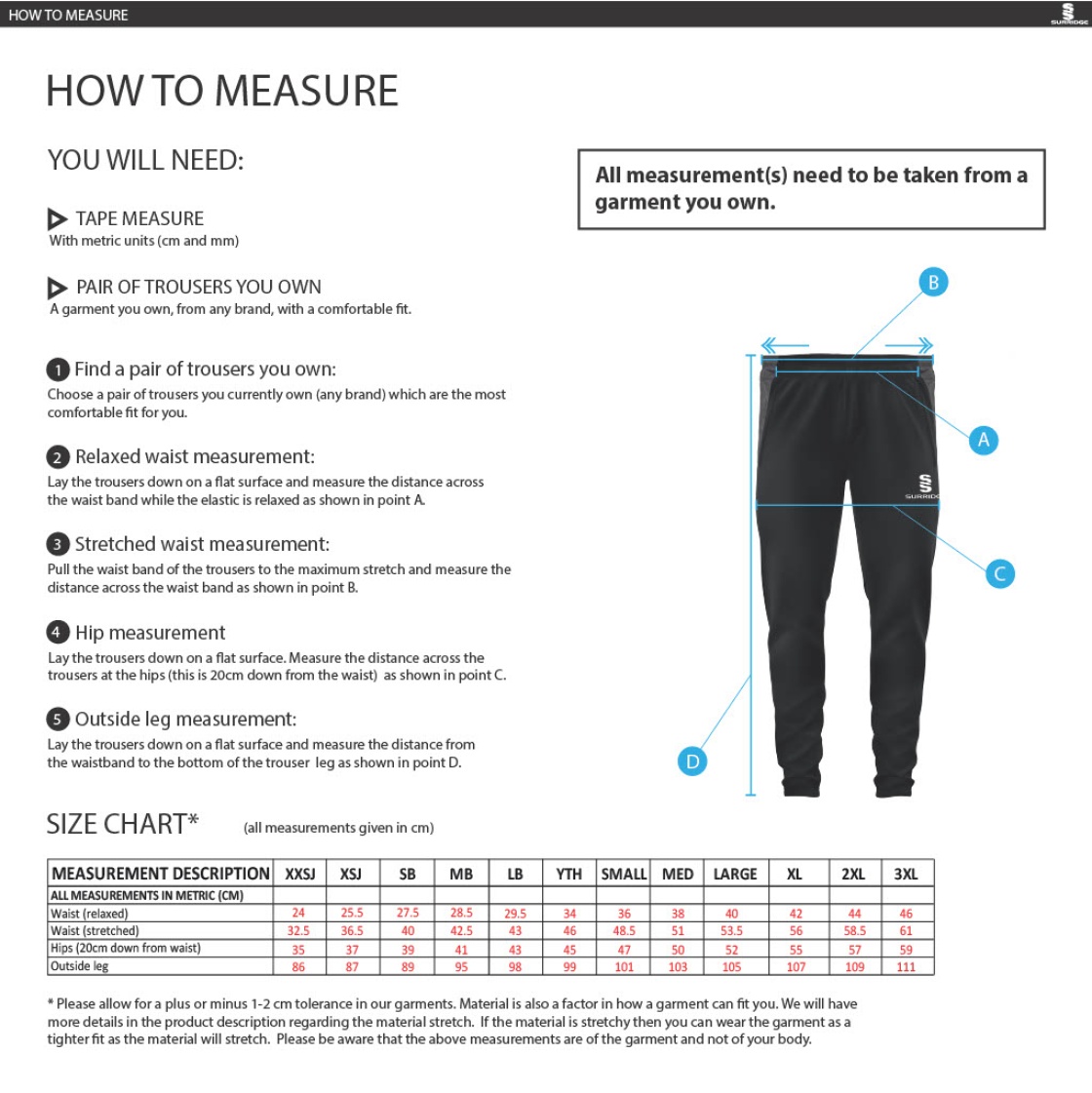 Widnes CC - Dual Skinny Pant - Size Guide