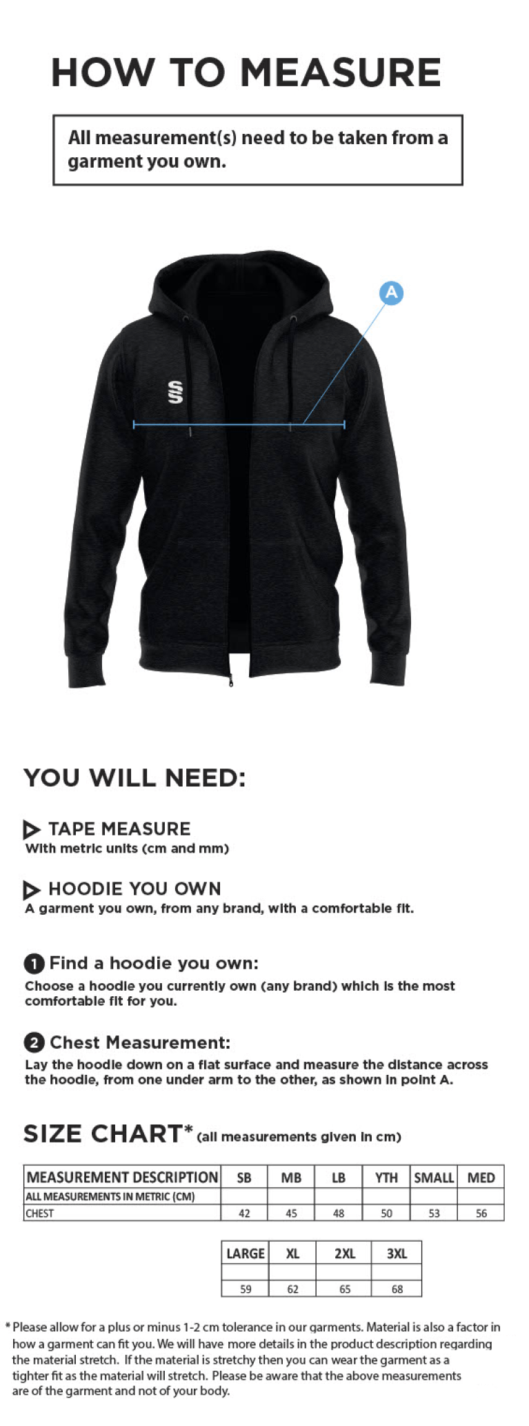 Widness CC - Dual Full Zip Hoody - Size Guide